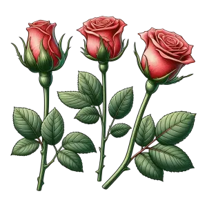 Three Red Rose Buds with Green Leaves and Stems