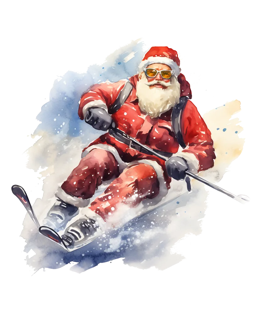 Santa Claus Skiing in Snow with Sunglasses