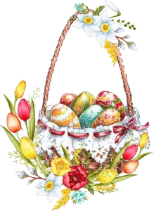 Easter Basket with Colorful Painted Eggs and Spring Flowers