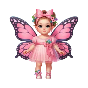 Cute Little Girl Fairy with Pink Butterfly Wings and Dress