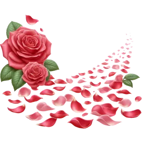 Scattered Pink Rose Petals with Two Roses and Green Leaves