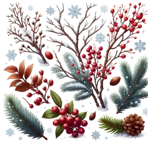 Winter Botanical Elements with Snow, Berries, Pinecones, and Evergreen Branches