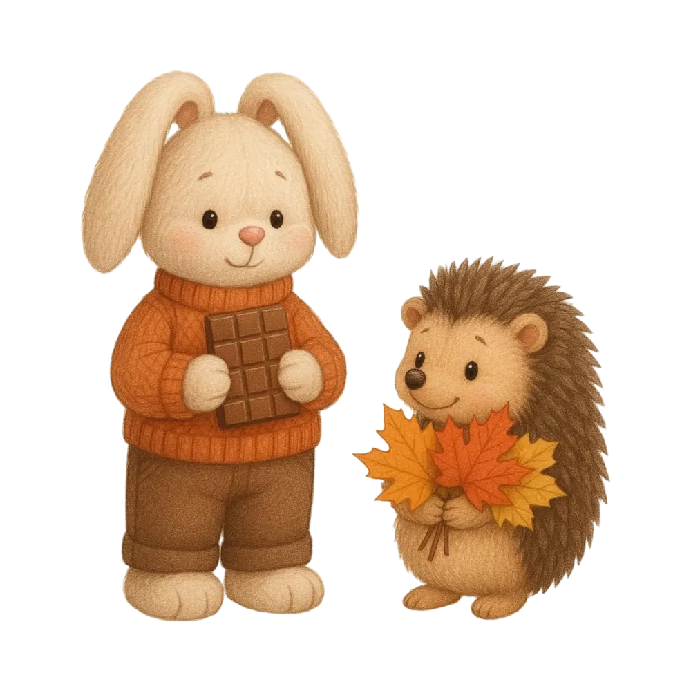 Cute Bunny and Hedgehog with Autumn Leaves and Chocolate