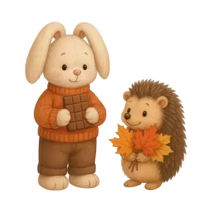 Cute Bunny and Hedgehog with Autumn Leaves and Chocolate