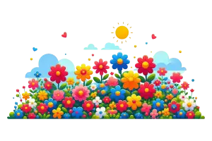 Colorful Cartoon Flower Meadow with Sunny Sky and Clouds