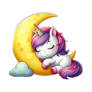 Cute Sleeping Unicorn on Crescent Moon with Cloud