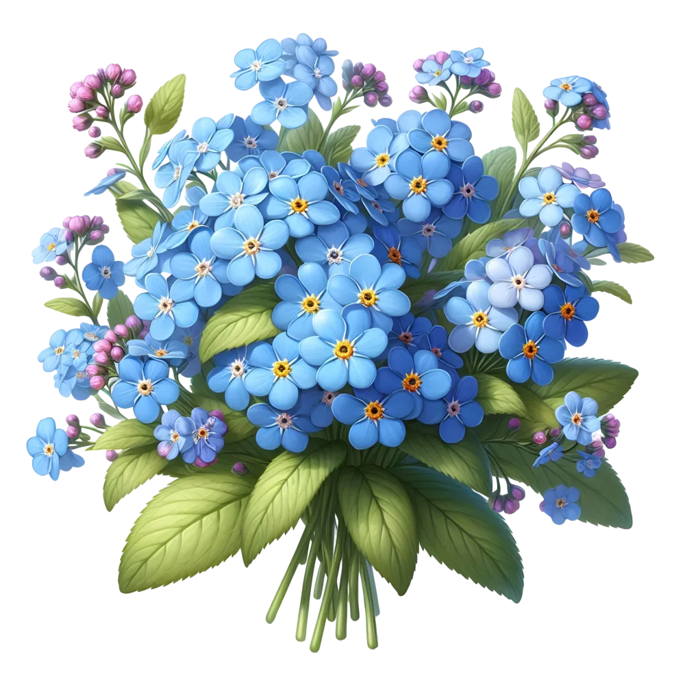 Bouquet of Blue Forget-Me-Not Flowers with Green Leaves