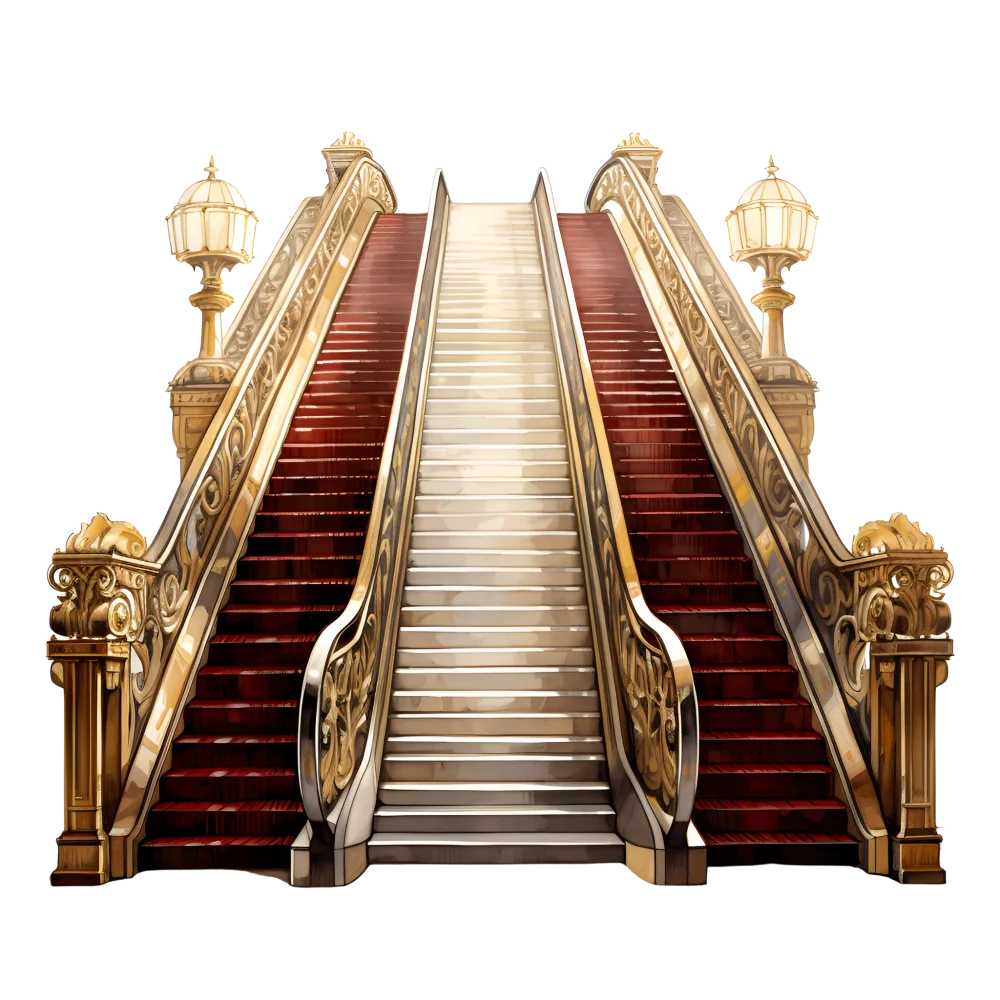 Ornate Vintage Escalator with Red Carpet and Decorative Lamps