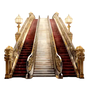 Ornate Vintage Escalator with Red Carpet and Decorative Lamps