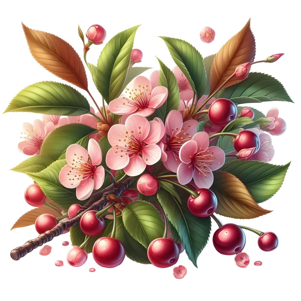 Cherry Blossom Branch with Red Cherries and Green Leaves