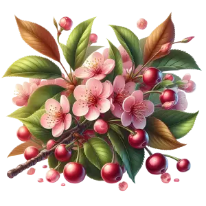 Cherry Blossom Branch with Red Cherries and Green Leaves