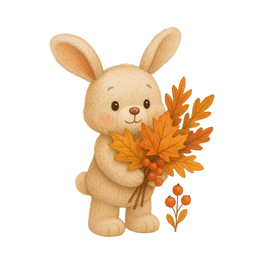 Cute bunny holding autumn leaves and berries
