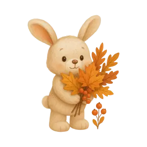 Cute bunny holding autumn leaves and berries