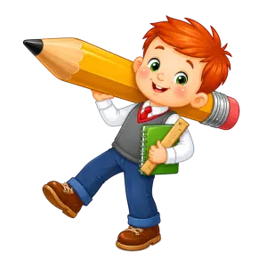 Happy Schoolboy Holding Giant Pencil and School Supplies