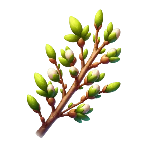 Cartoon Branch with Green Leaves and Flower Buds