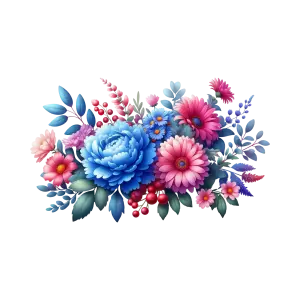 Colorful Bouquet of Blue and Pink Flowers with Red Berries