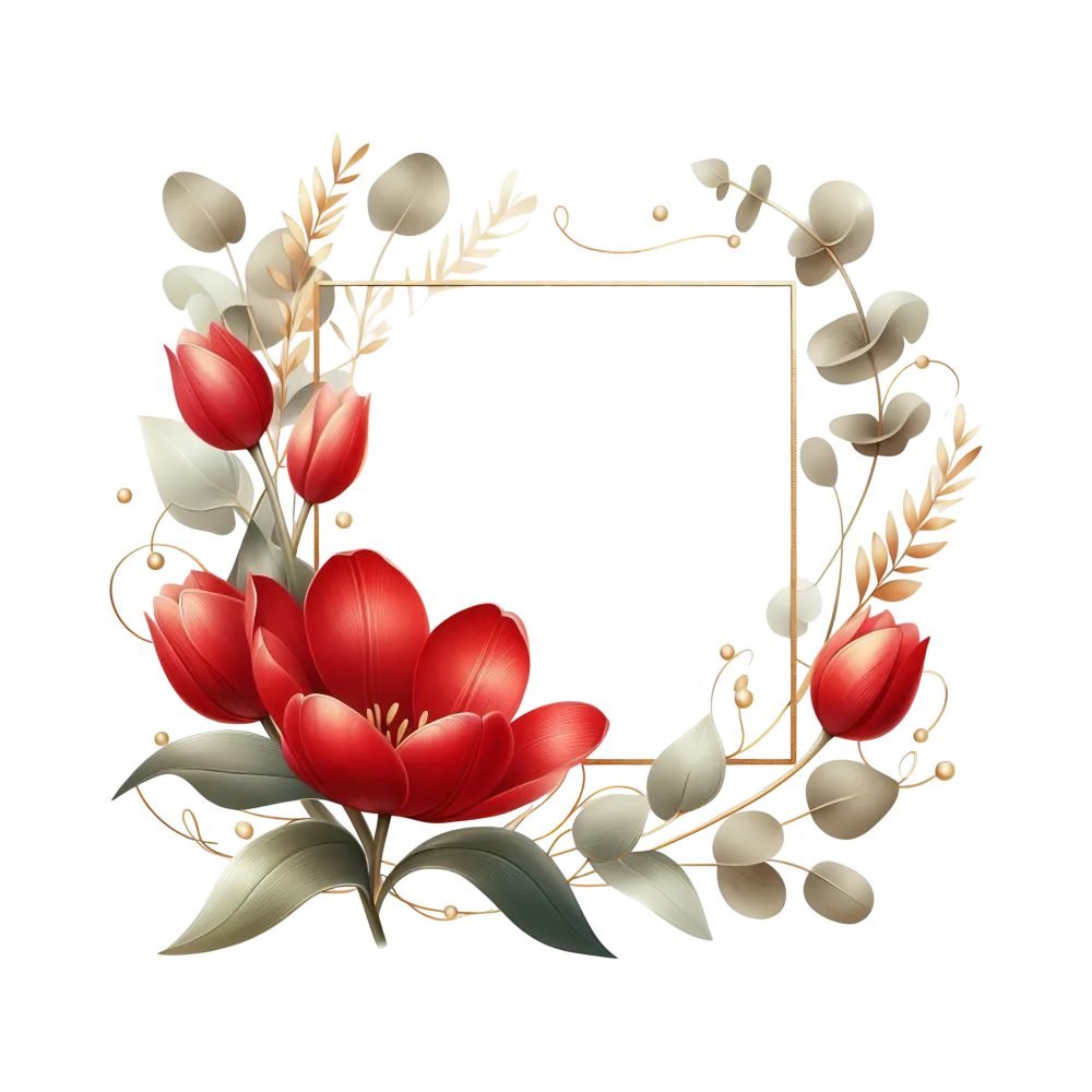 Elegant Gold Frame with Red Tulip Flowers and Green Leaves