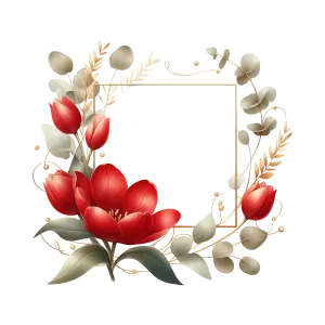 Elegant Gold Frame with Red Tulip Flowers and Green Leaves