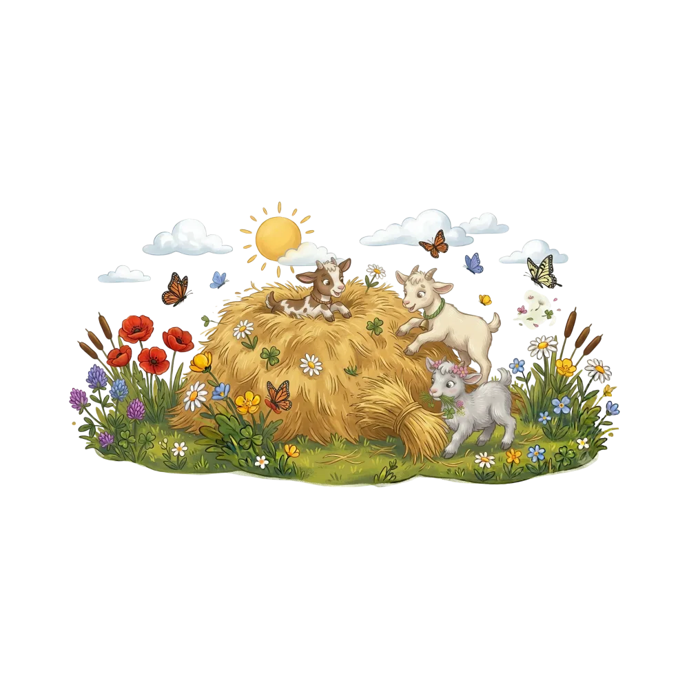 Cute Kids Goats Playing on Haystack with Summer Flowers
