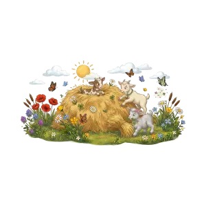Cute Kids Goats Playing on Haystack with Summer Flowers