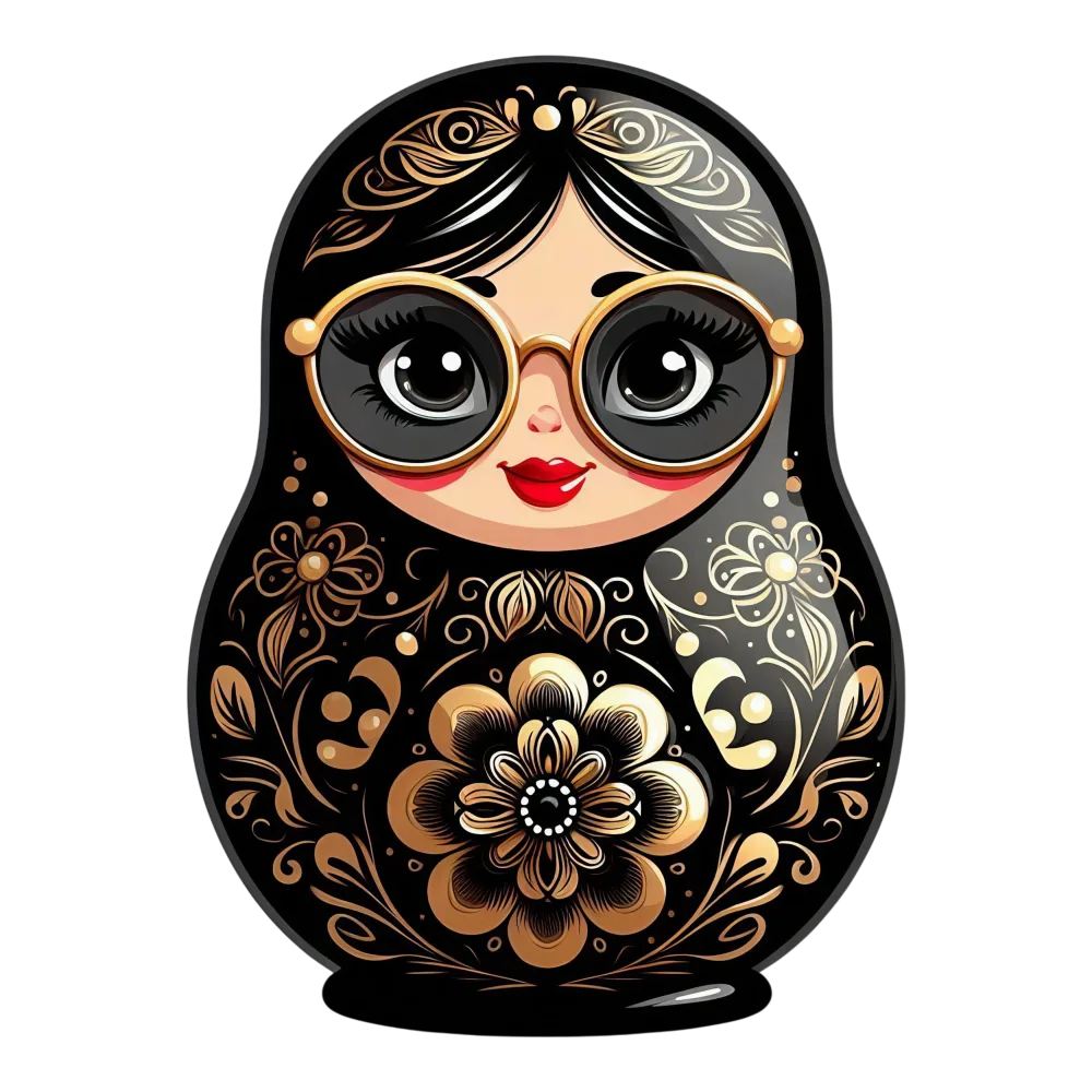 Decorative Russian Matryoshka Doll with Large Glasses and Floral Patterns