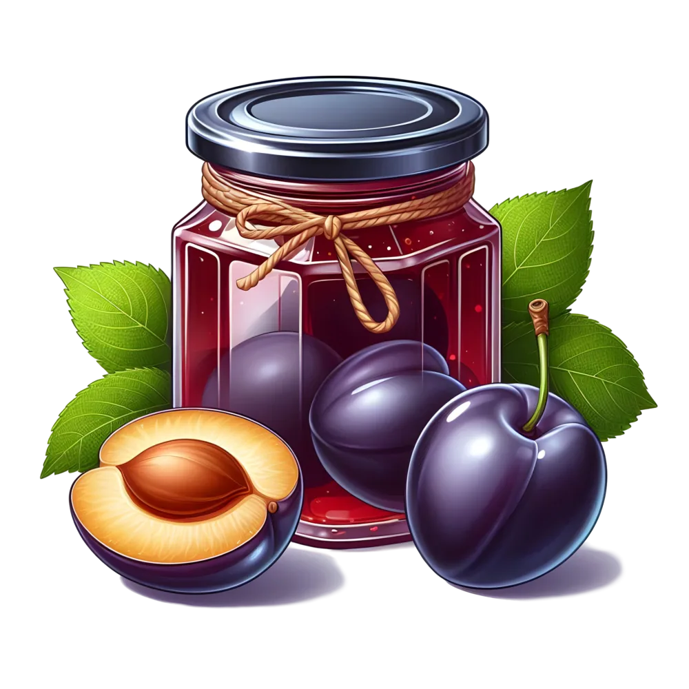 Jar of Plum Jam with Fresh Plums and Green Leaves