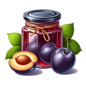 Jar of Plum Jam with Fresh Plums and Green Leaves