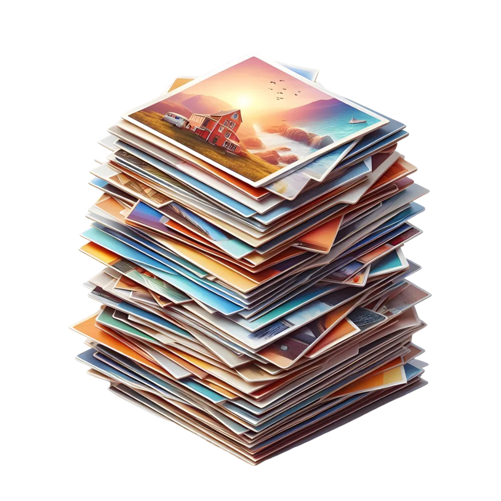 Stack of Colorful Printed Photographs with Scenic Images