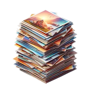 Stack of Colorful Printed Photographs with Scenic Images
