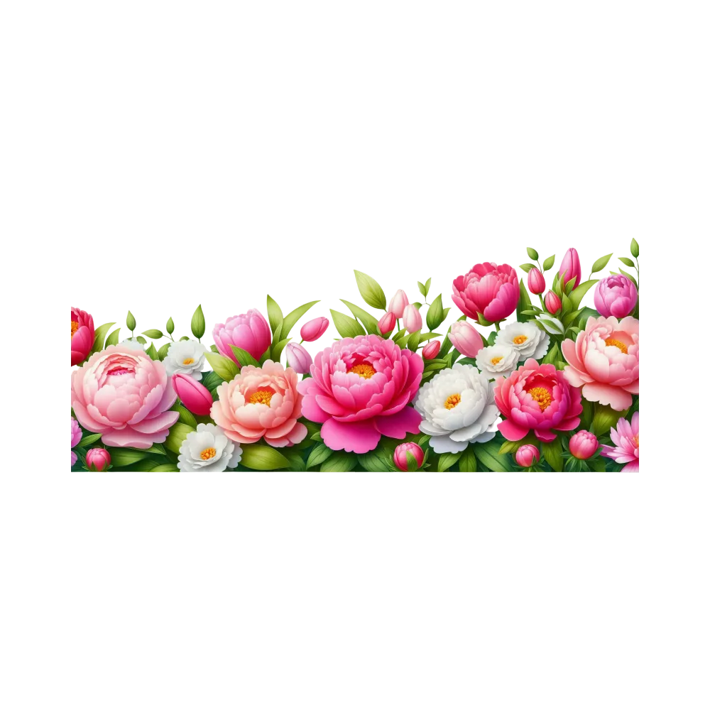 Colorful Peony and Rose Floral Border with Green Leaves