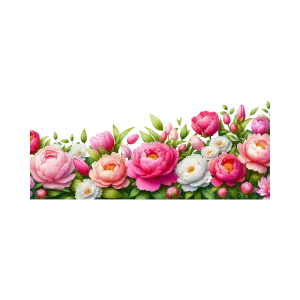 Colorful Peony and Rose Floral Border with Green Leaves