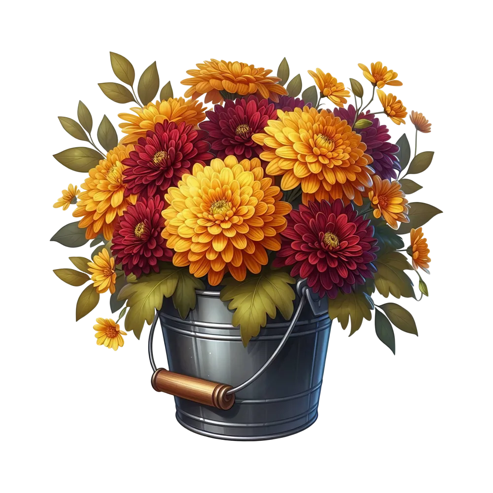 Bucket of Yellow and Red Chrysanthemum Flowers with Green Leaves