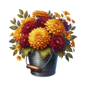 Bucket of Yellow and Red Chrysanthemum Flowers with Green Leaves