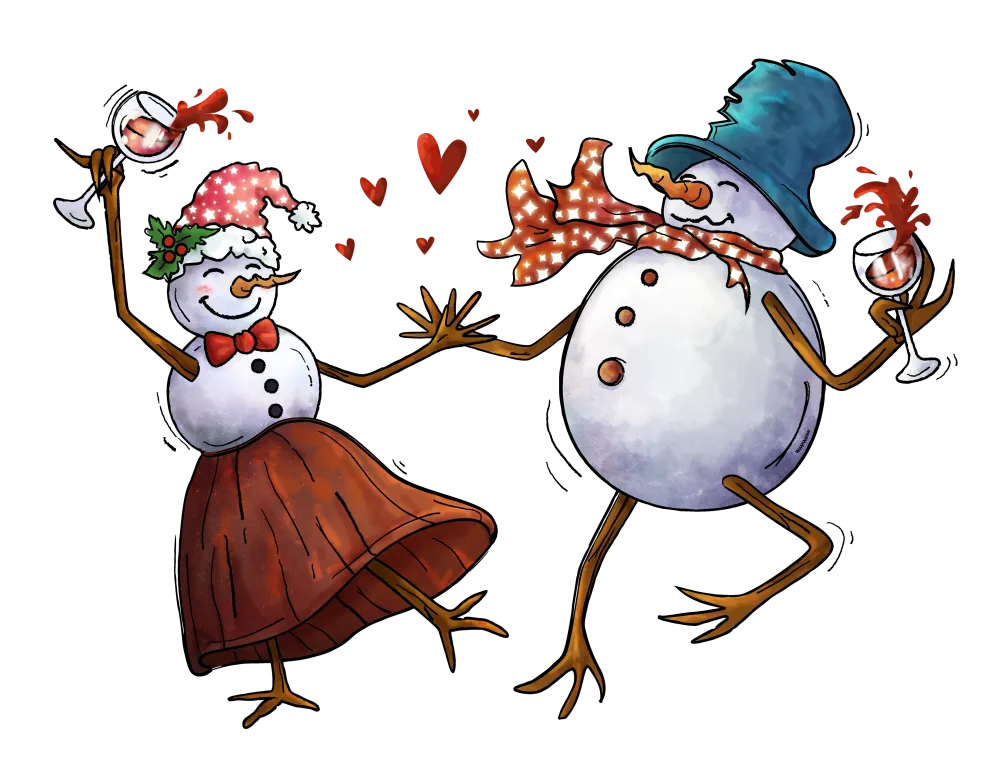 Dancing Snowman Couple Celebrating with Wine Glasses