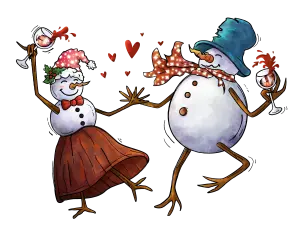 Dancing Snowman Couple Celebrating with Wine Glasses