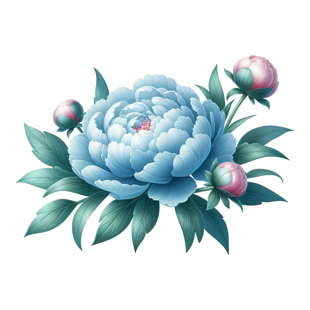 Blue Peony Flower with Pink Buds and Green Leaves