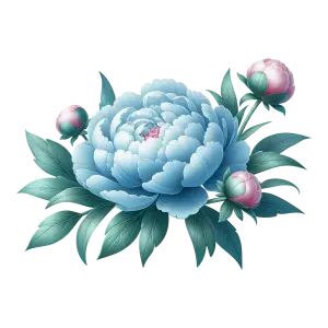 Blue Peony Flower with Pink Buds and Green Leaves