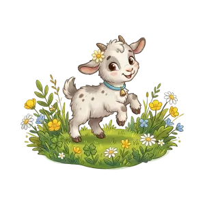 Cute Cartoon Baby Goat with Flowers