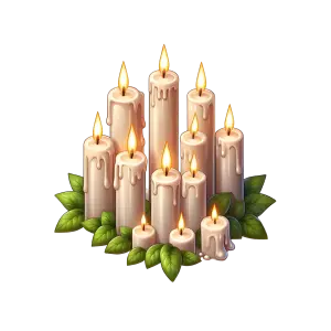 Cluster of Lit Dripping Candles with Green Leaves