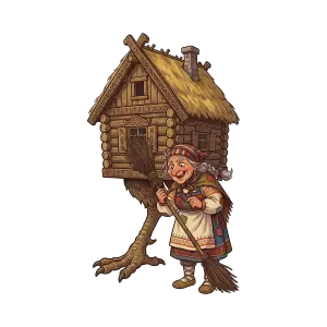 Traditional Witch Baba Yaga with Wooden Hut on Chicken Legs