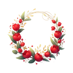 Decorative Floral Wreath with Red Flowers and Green Leaves
