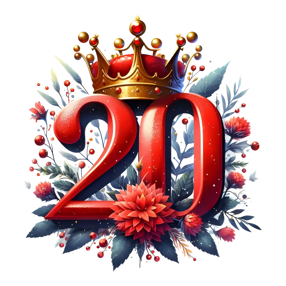 Decorative Number 20 with Crown and Floral Design