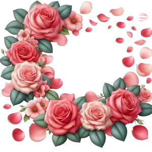 Pink and Red Rose Floral Frame with Scattered Petals
