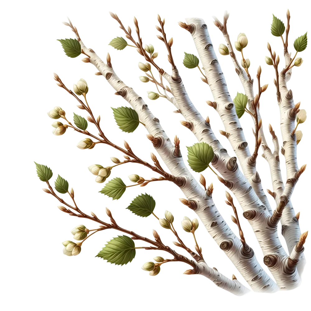 Birch Tree Branches with Leaves and Blossoms