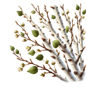 Birch Tree Branches with Leaves and Blossoms