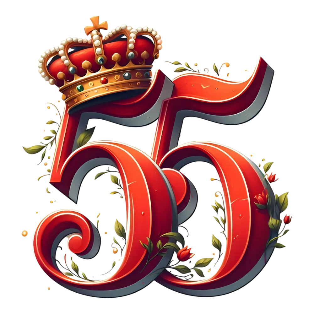 Ornate Red Number 55 with Royal Crown and Floral Decorations