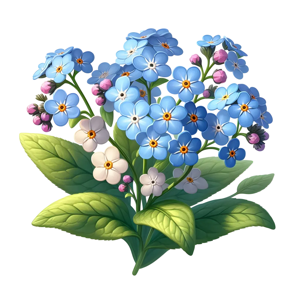 Blue and White Forget-Me-Not Flower Bouquet with Green Leaves