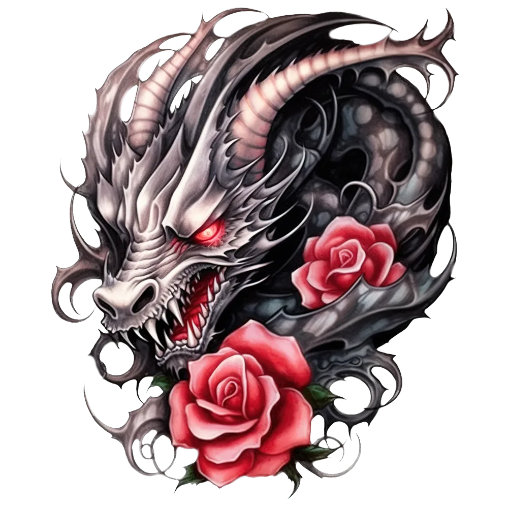 Angry Dragon Head with Red Roses Tattoo Art