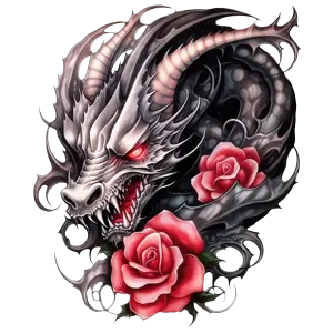 Angry Dragon Head with Red Roses Tattoo Art