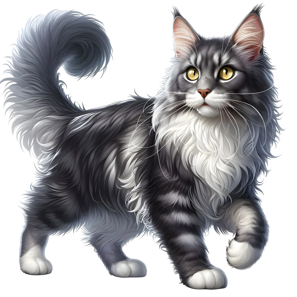 Gray and White Long-Haired Cat with Yellow Eyes